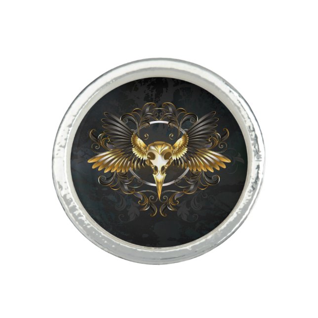 Golden Bird Skull on Black background Ring (Front)