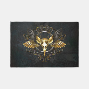 Golden Bird Skull on Black background Rug