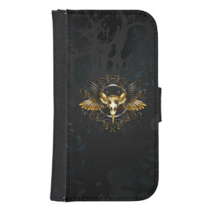 Golden Bird Skull on Black background Galaxy S4 Wallet Case