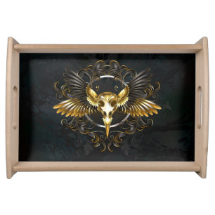 Golden Bird Skull on Black background Serving Tray