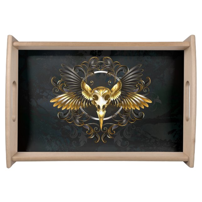 Golden Bird Skull on Black background Serving Tray (Front)
