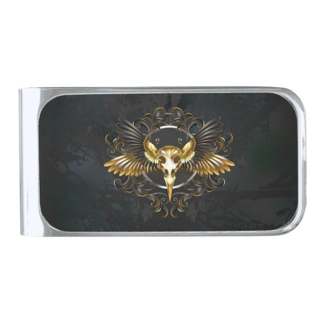 Golden Bird Skull on Black background Silver Finish Money Clip (Front)