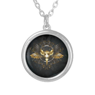 Golden Bird Skull on Black background Silver Plated Necklace