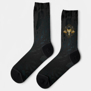 Golden Bird Skull on Black background Socks