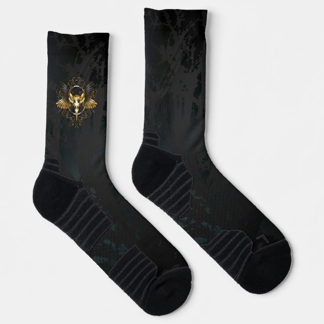 Golden Bird Skull on Black background Socks (Right)