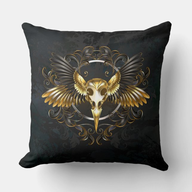 Golden Bird Skull on Black background Throw Pillow (Front)