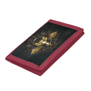 Golden Bird Skull on Black background Tri-fold Wallet