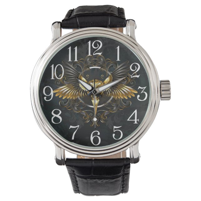 Golden Bird Skull on Black background Watch (Front)