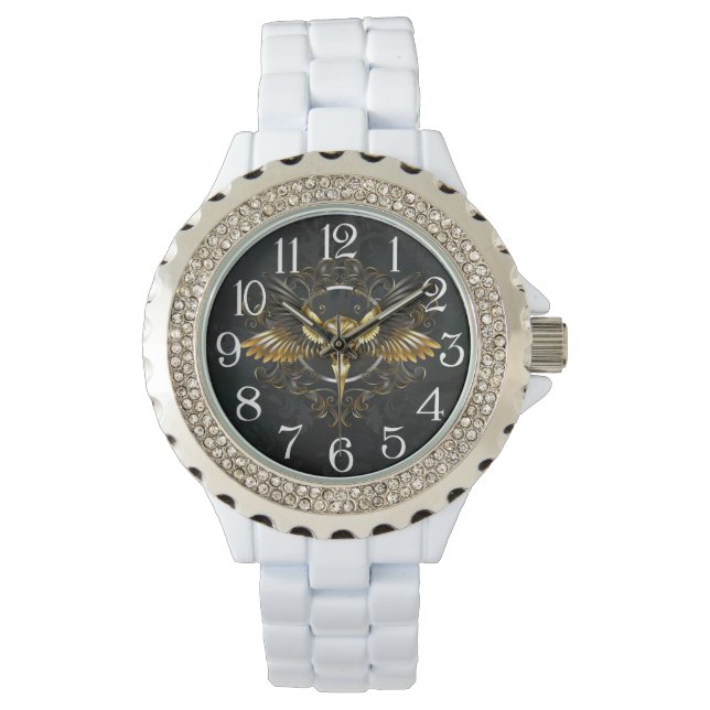 Golden Bird Skull on Black background Watch (Front)