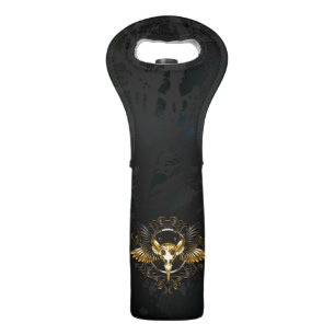 Golden Bird Skull on Black background Wine Bag
