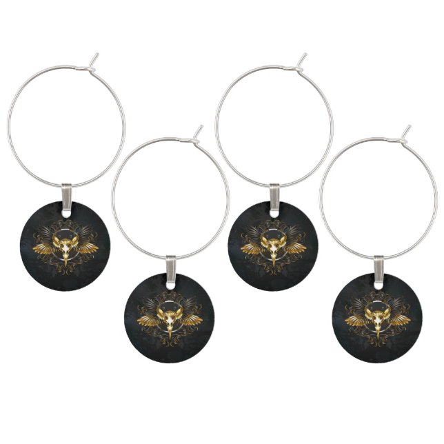 Golden Bird Skull on Black background Wine Charm (Staggered)