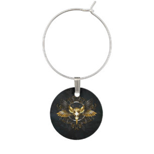 Golden Bird Skull on Black background Wine Charm