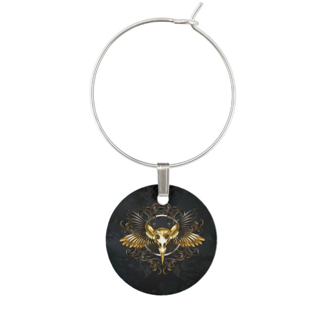 Golden Bird Skull on Black background Wine Charm (Front)