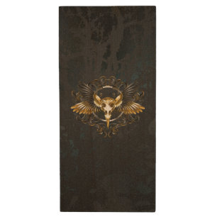 Golden Bird Skull on Black background Wood Flash Drive