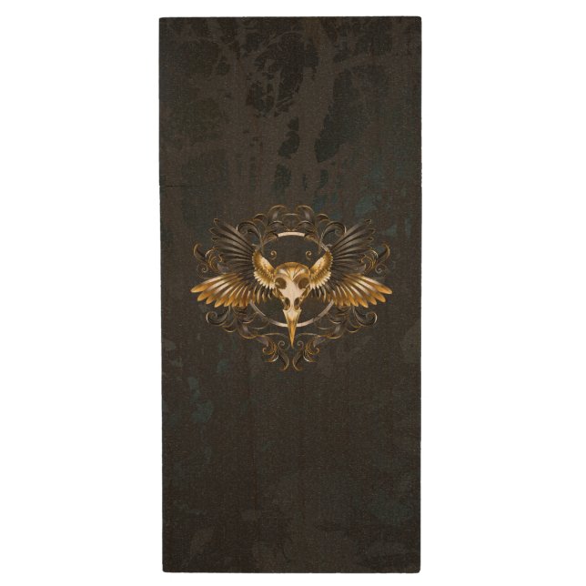 Golden Bird Skull on Black background Wood Flash Drive (Front Vertical)