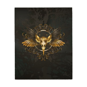 Golden Bird Skull on Black background Wood Wall Art