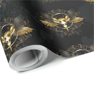 Golden Bird Skull on Black background Wrapping Paper