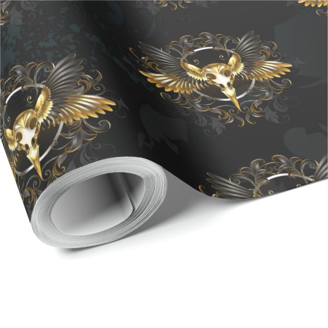 Golden Bird Skull on Black background Wrapping Paper (Roll Corner)