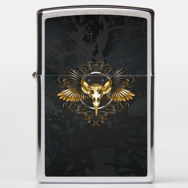 Golden Bird Skull on Black background Zippo Lighter (Front)