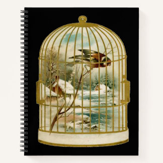 Golden Birdcage Cabin Snow Stream Bird Inside Notebook