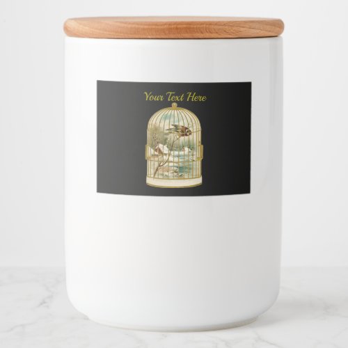 Golden Birdcage Winter Cabin Scene Bird Black Food Label