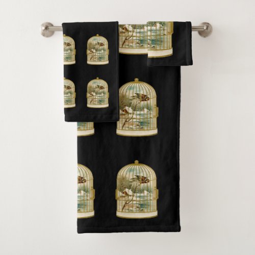 Golden Birdcage Winter Cabin Scene on black Bath Towel Set