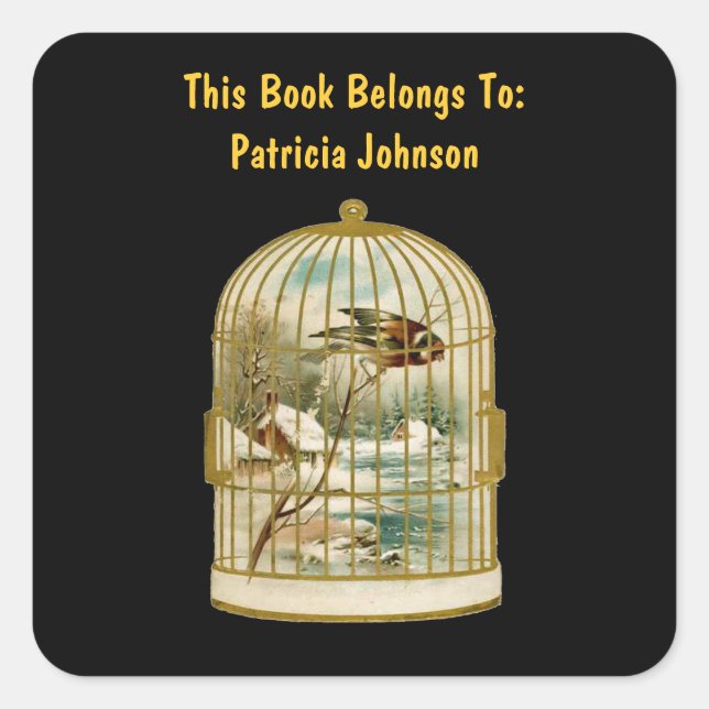 Golden Birdcage Winter Scene Cabin Snow Bird Black Square Sticker (Front)