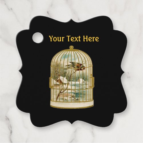 Golden Birdcage With Bird Cabin Stream Snow Inside Favor Tags