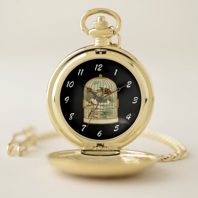 Golden Birdcage With Bird on Branch Winter Cabin Pocket Watch (Inside)