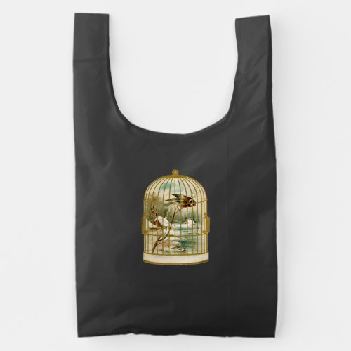 Golden Birdcage with Bird Overlooking Winter Cabin Reusable Bag