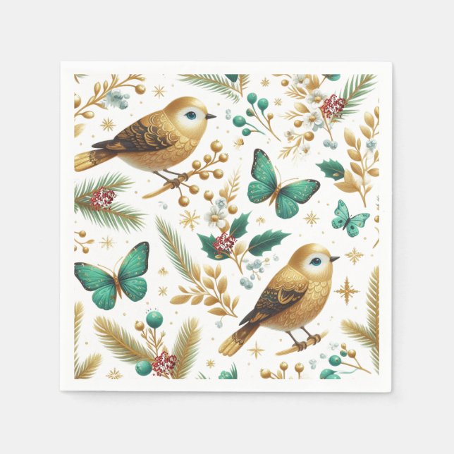 Golden Birds and Emerald Butterflies Holiday Napkins (Front)