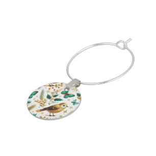 Golden Birds and Emerald Butterflies  Wine Charm