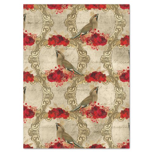 Golden Birds and Red Floral Decoupage Tissue Paper