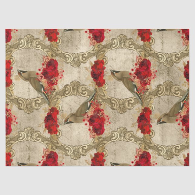 Golden Birds and Red Floral Decoupage Tissue Paper (Front)