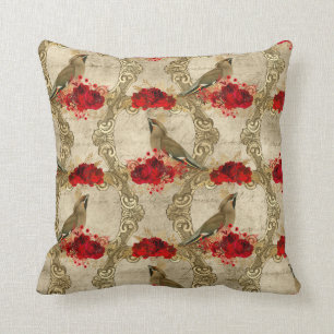 Golden Birds and Red Floral Throw Pillow