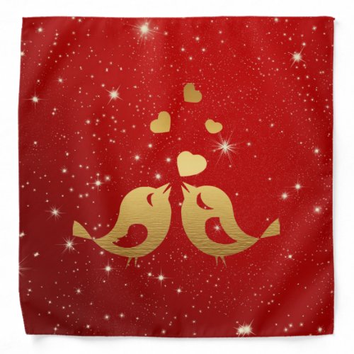 Golden Birds Hearts Red Shiny Beautiful Rustic Bandana