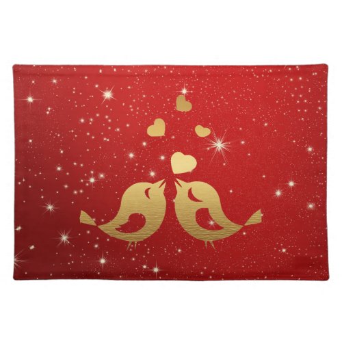 Golden Birds Hearts Red Shiny Beautiful Rustic Cloth Placemat