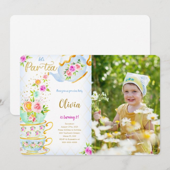 Golden Birthday Tea Party Photo Invitation (Front/Back)