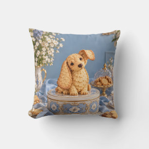 Golden Biscuit Dachshund Blue Porcelain Tea Party Throw Pillow
