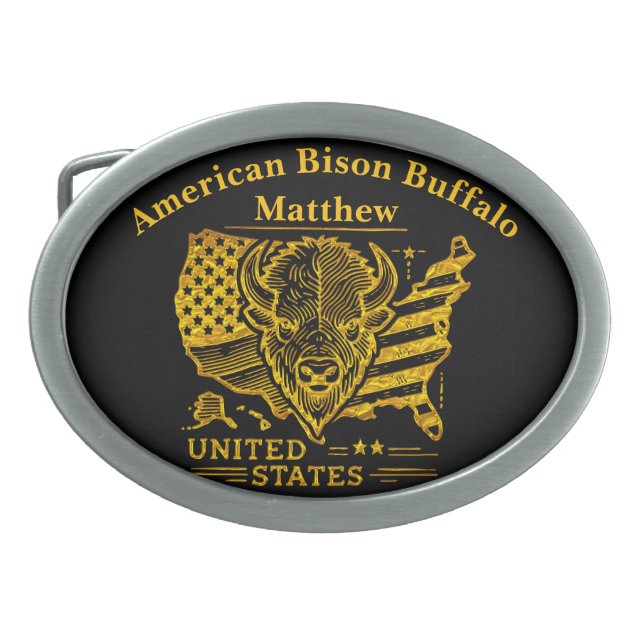 Golden Bison Illustration With USA Map and Flag Belt Buckle (Front)