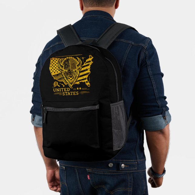 Golden Bison Illustration With USA Map and Flag Printed Backpack (Insitu (Model))