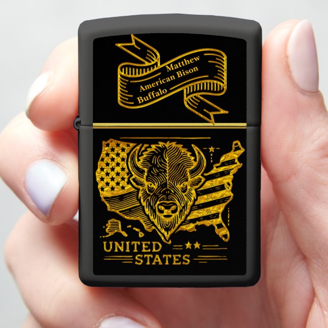 Golden Bison Illustration With USA Map and Flag Zippo Lighter (In Hand)