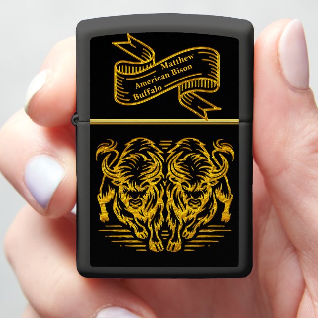 Golden Bison Running Across the Plains at Sunset Zippo Lighter (In Hand)