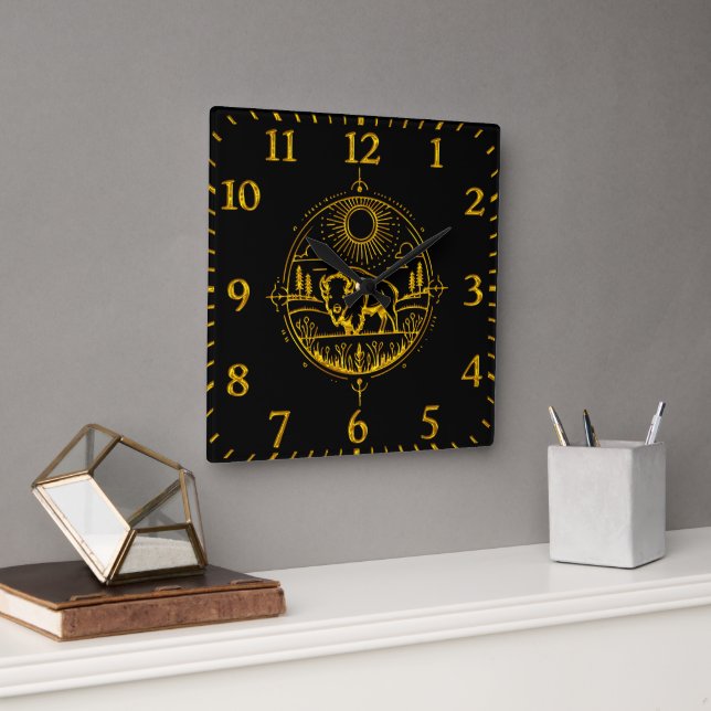 Golden Bison Standing in a Picturesque Landscape Square Wall Clock (Office)