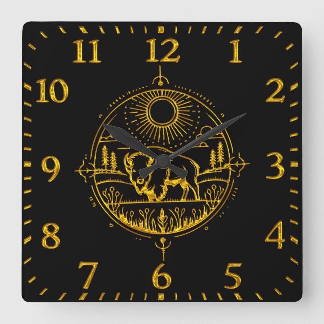 Golden Bison Standing in a Picturesque Landscape Square Wall Clock (Front)