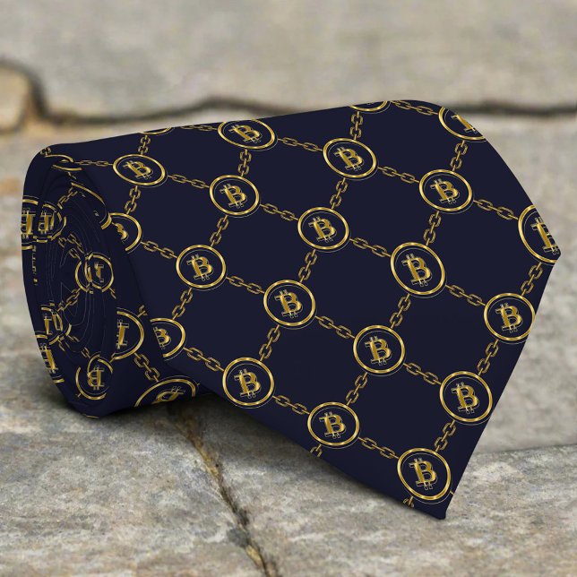 Golden Bitcoin Chains On Dark Blue Background Neck Tie (Creator Uploaded)
