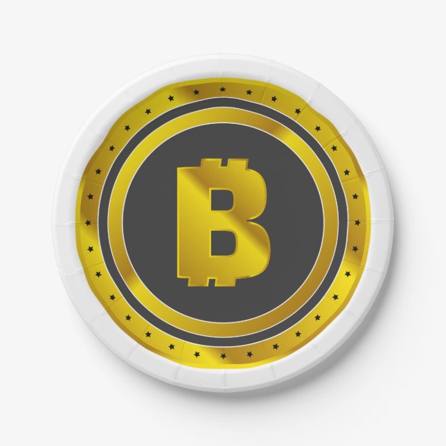 Golden Bitcoin Symbol Digital Currency Paper Plates (Front)