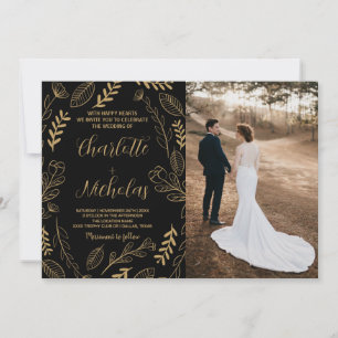 Golden Black Art Wedding Invitations with photo