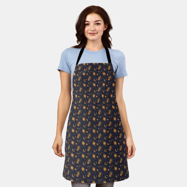 Golden black celestial sun moon galaxy pattern apron (Worn)