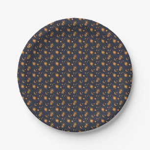 Golden black celestial sun moon galaxy pattern paper plates
